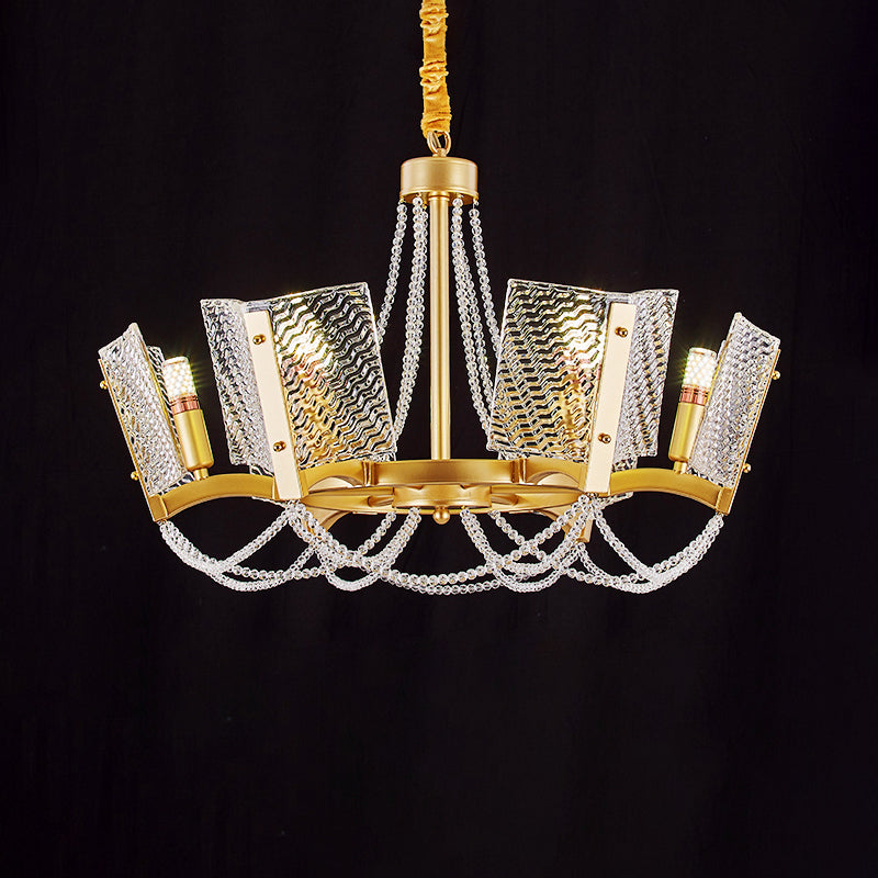 Simplicity Beaded Pendant Chandelier Crystal 6/8 Heads Living Room Hanging Lamp Kit in Brass with Panel Shade Clearhalo 'Ceiling Lights' 'Chandeliers' 'Industrial Chandeliers' 'Industrial' 'Middle Century Chandeliers' 'Tiffany' Lighting' 2181644