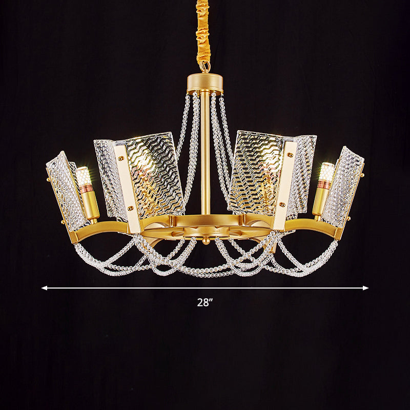 Simplicity Beaded Pendant Chandelier Crystal 6/8 Heads Living Room Hanging Lamp Kit in Brass with Panel Shade Clearhalo 'Ceiling Lights' 'Chandeliers' 'Industrial Chandeliers' 'Industrial' 'Middle Century Chandeliers' 'Tiffany' Lighting' 2181645