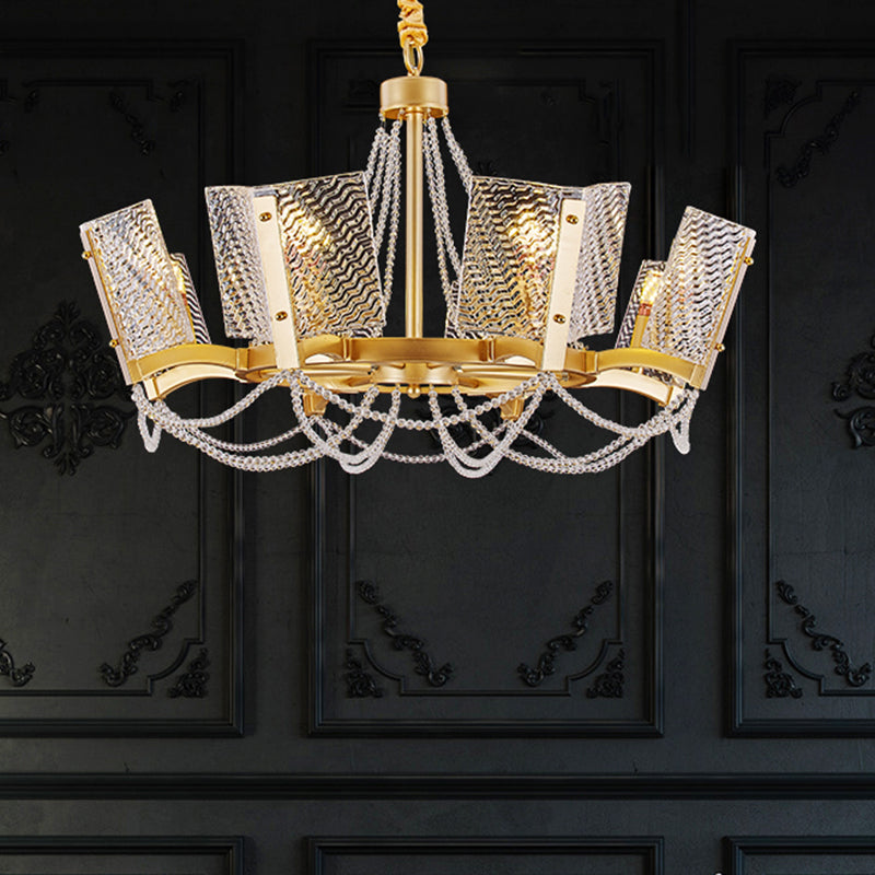 Simplicity Beaded Pendant Chandelier Crystal 6/8 Heads Living Room Hanging Lamp Kit in Brass with Panel Shade Clearhalo 'Ceiling Lights' 'Chandeliers' 'Industrial Chandeliers' 'Industrial' 'Middle Century Chandeliers' 'Tiffany' Lighting' 2181646