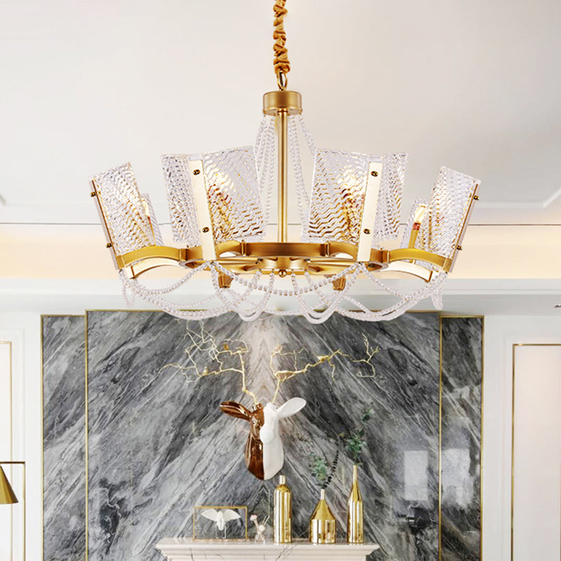 Simplicity Beaded Pendant Chandelier Crystal 6/8 Heads Living Room Hanging Lamp Kit in Brass with Panel Shade Clearhalo 'Ceiling Lights' 'Chandeliers' 'Industrial Chandeliers' 'Industrial' 'Middle Century Chandeliers' 'Tiffany' Lighting' 2181647
