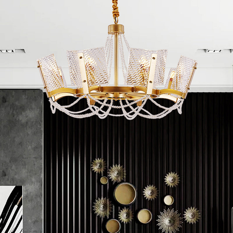 Simplicity Beaded Pendant Chandelier Crystal 6/8 Heads Living Room Hanging Lamp Kit in Brass with Panel Shade Clearhalo 'Ceiling Lights' 'Chandeliers' 'Industrial Chandeliers' 'Industrial' 'Middle Century Chandeliers' 'Tiffany' Lighting' 2181648