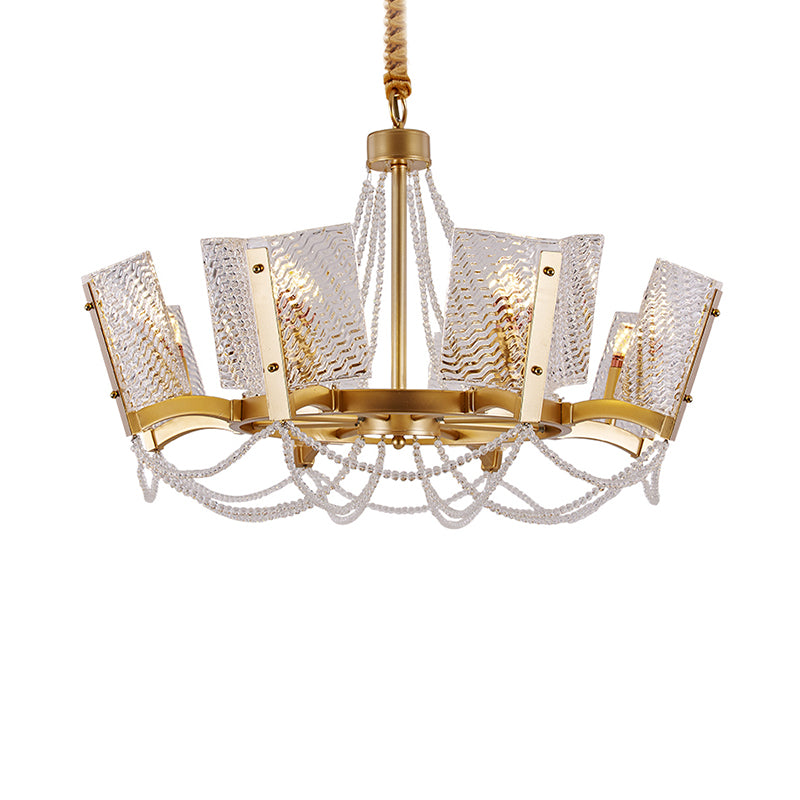 Simplicity Beaded Pendant Chandelier Crystal 6/8 Heads Living Room Hanging Lamp Kit in Brass with Panel Shade Clearhalo 'Ceiling Lights' 'Chandeliers' 'Industrial Chandeliers' 'Industrial' 'Middle Century Chandeliers' 'Tiffany' Lighting' 2181650