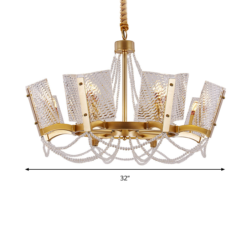 Simplicity Beaded Pendant Chandelier Crystal 6/8 Heads Living Room Hanging Lamp Kit in Brass with Panel Shade Clearhalo 'Ceiling Lights' 'Chandeliers' 'Industrial Chandeliers' 'Industrial' 'Middle Century Chandeliers' 'Tiffany' Lighting' 2181651