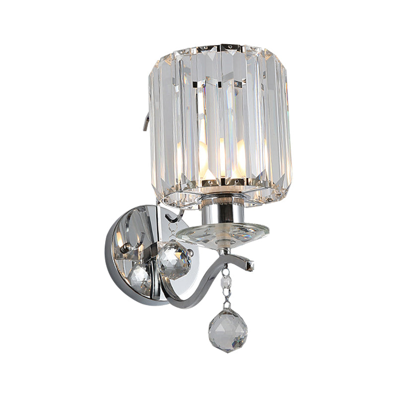 Chrome Cylinder Wall Sconce Modernist 1 Bulb Clear Crystal Wall Lighting with Orbit Drop Clearhalo 'Modern wall lights' 'Modern' 'Wall Lamps & Sconces' 'Wall Lights' Lighting' 2181666