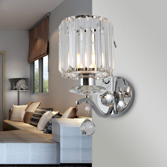 Chrome Cylinder Wall Sconce Modernist 1 Bulb Clear Crystal Wall Lighting with Orbit Drop Chrome Clearhalo 'Modern wall lights' 'Modern' 'Wall Lamps & Sconces' 'Wall Lights' Lighting' 2181667