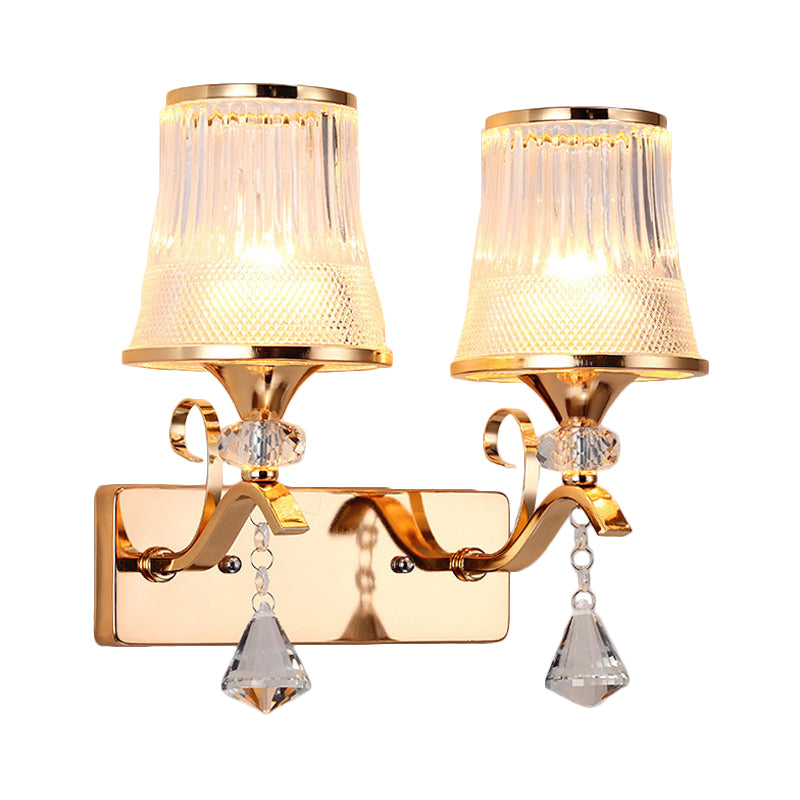 Vintage Style Bell Sconce Light Fixture Clear Glass 2 Lights Bedroom Gold Finish Wall Lamp with Crystal Accent Clearhalo 'Modern wall lights' 'Modern' 'Wall Lamps & Sconces' 'Wall Lights' Lighting' 2181673