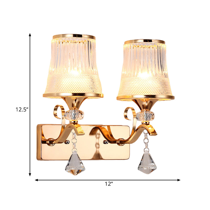 Vintage Style Bell Sconce Light Fixture Clear Glass 2 Lights Bedroom Gold Finish Wall Lamp with Crystal Accent Clearhalo 'Modern wall lights' 'Modern' 'Wall Lamps & Sconces' 'Wall Lights' Lighting' 2181675