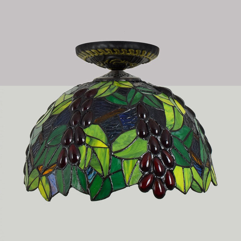 12"/16.5" W Victorian Domed Flush Ceiling Light 1 Light Stained Glass Lighting Fixture in Brass with Grape Pattern Clearhalo 'Ceiling Lights' 'Close To Ceiling Lights' 'Close to ceiling' 'Flush mount' Lighting' 2181703