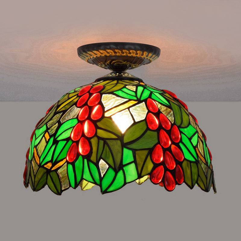 12"/16.5" W Victorian Domed Flush Ceiling Light 1 Light Stained Glass Lighting Fixture in Brass with Grape Pattern Brass 12" Clearhalo 'Ceiling Lights' 'Close To Ceiling Lights' 'Close to ceiling' 'Flush mount' Lighting' 2181704