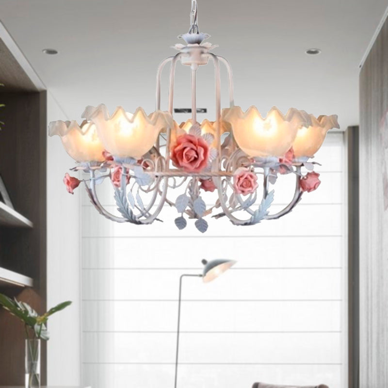 Opal Glass White/Green Ceiling Lamp Gooseneck Arm 5/7 Bulbs Korean Flower Pendant Chandelier for Bedroom Clearhalo 'Ceiling Lights' 'Chandeliers' Lighting' options 2181719