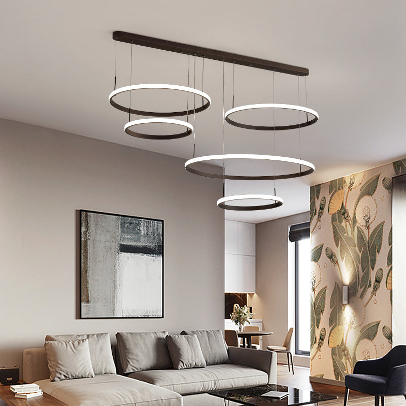 Brown Circle Chandelier Light Minimalist Acrylic 2/3/5 Heads Hanging Ceiling Light in White/Warm/Natural Light 5 Brown Clearhalo 'Ceiling Lights' 'Chandeliers' 'Modern Chandeliers' 'Modern' Lighting' 218172