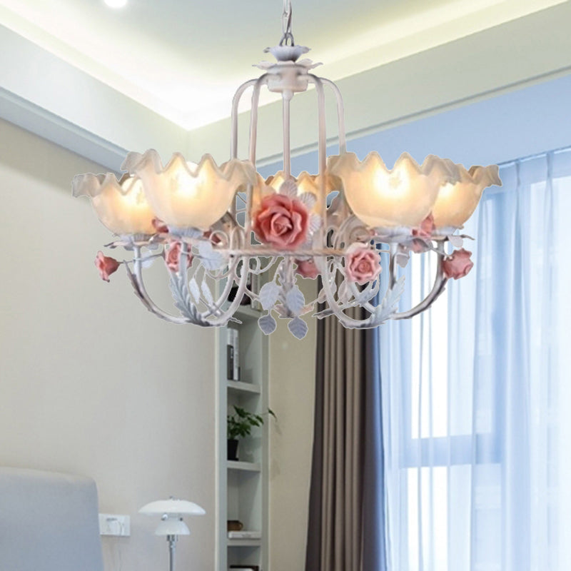 Opal Glass White/Green Ceiling Lamp Gooseneck Arm 5/7 Bulbs Korean Flower Pendant Chandelier for Bedroom Clearhalo 'Ceiling Lights' 'Chandeliers' Lighting' options 2181720