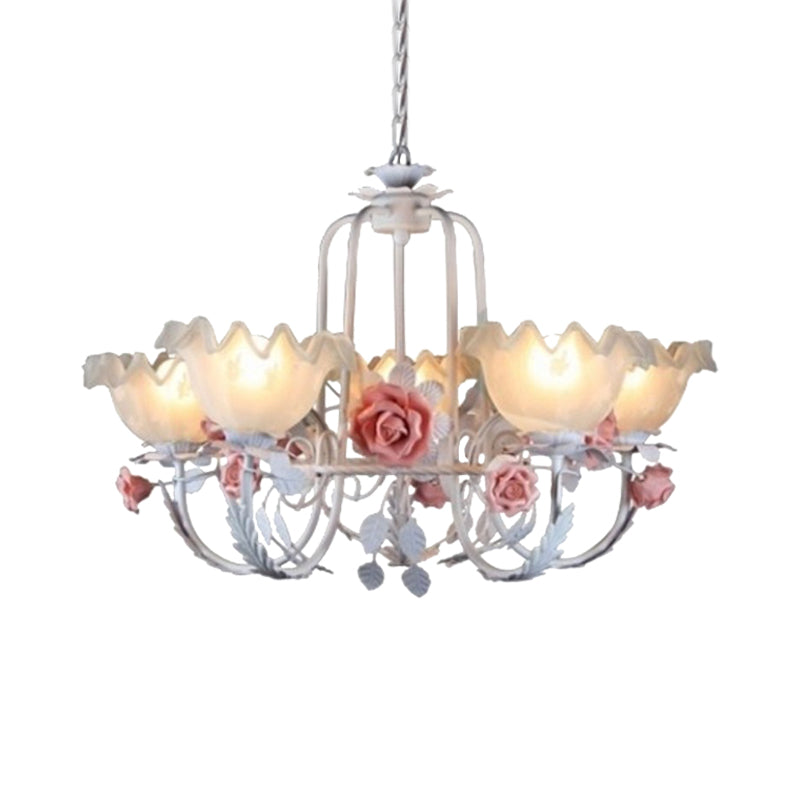 Opal Glass White/Green Ceiling Lamp Gooseneck Arm 5/7 Bulbs Korean Flower Pendant Chandelier for Bedroom Clearhalo 'Ceiling Lights' 'Chandeliers' Lighting' options 2181721