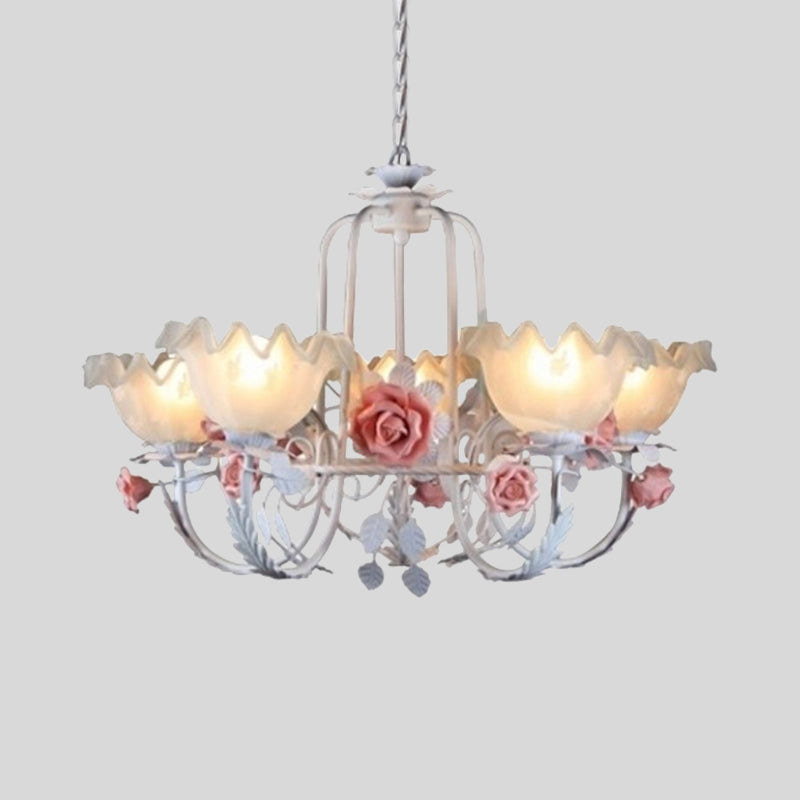 Opal Glass White/Green Ceiling Lamp Gooseneck Arm 5/7 Bulbs Korean Flower Pendant Chandelier for Bedroom Clearhalo 'Ceiling Lights' 'Chandeliers' Lighting' options 2181722