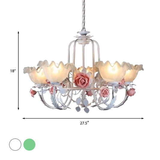 Opal Glass White/Green Ceiling Lamp Gooseneck Arm 5/7 Bulbs Korean Flower Pendant Chandelier for Bedroom Clearhalo 'Ceiling Lights' 'Chandeliers' Lighting' options 2181723