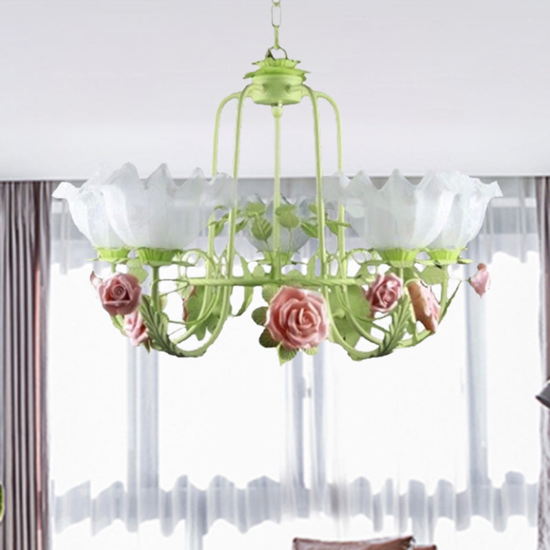 Opal Glass White/Green Ceiling Lamp Gooseneck Arm 5/7 Bulbs Korean Flower Pendant Chandelier for Bedroom Clearhalo 'Ceiling Lights' 'Chandeliers' Lighting' options 2181724