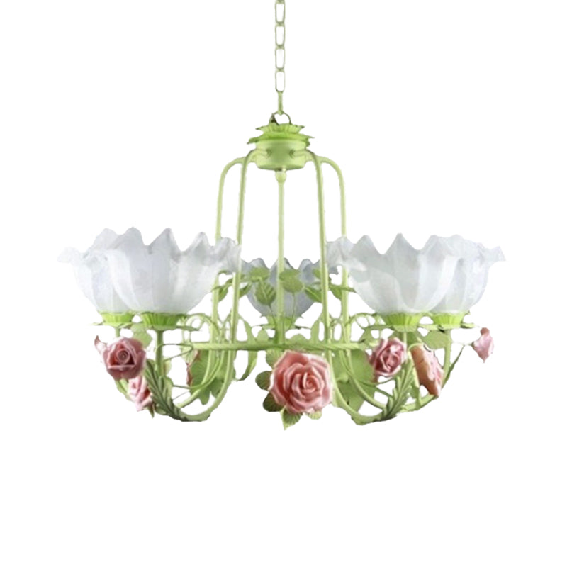 Opal Glass White/Green Ceiling Lamp Gooseneck Arm 5/7 Bulbs Korean Flower Pendant Chandelier for Bedroom Clearhalo 'Ceiling Lights' 'Chandeliers' Lighting' options 2181726