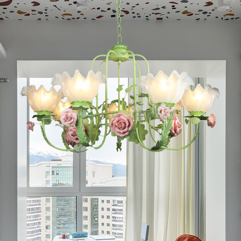 Opal Glass White/Green Ceiling Lamp Gooseneck Arm 5/7 Bulbs Korean Flower Pendant Chandelier for Bedroom Clearhalo 'Ceiling Lights' 'Chandeliers' Lighting' options 2181727