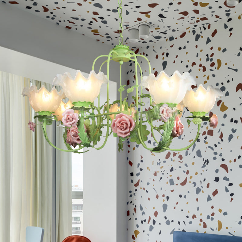 Opal Glass White/Green Ceiling Lamp Gooseneck Arm 5/7 Bulbs Korean Flower Pendant Chandelier for Bedroom Clearhalo 'Ceiling Lights' 'Chandeliers' Lighting' options 2181728