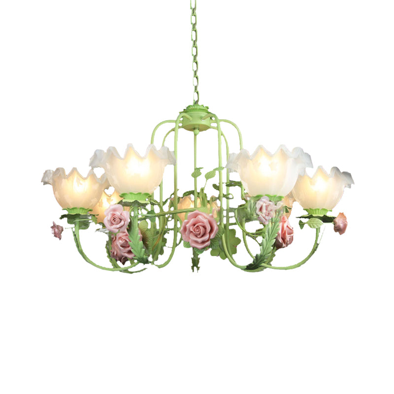 Opal Glass White/Green Ceiling Lamp Gooseneck Arm 5/7 Bulbs Korean Flower Pendant Chandelier for Bedroom Clearhalo 'Ceiling Lights' 'Chandeliers' Lighting' options 2181729