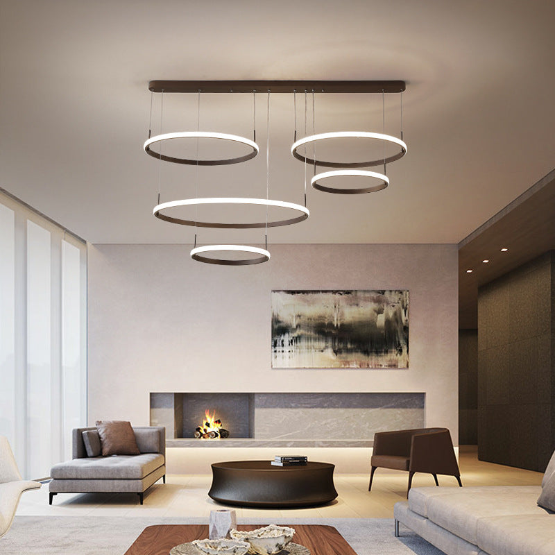 Brown Circle Chandelier Light Minimalist Acrylic 2/3/5 Heads Hanging Ceiling Light in White/Warm/Natural Light Clearhalo 'Ceiling Lights' 'Chandeliers' 'Modern Chandeliers' 'Modern' Lighting' 218173