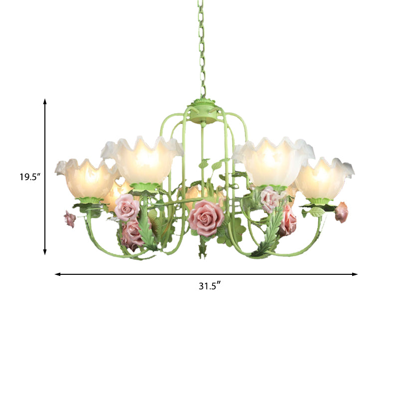 Opal Glass White/Green Ceiling Lamp Gooseneck Arm 5/7 Bulbs Korean Flower Pendant Chandelier for Bedroom Clearhalo 'Ceiling Lights' 'Chandeliers' Lighting' options 2181730