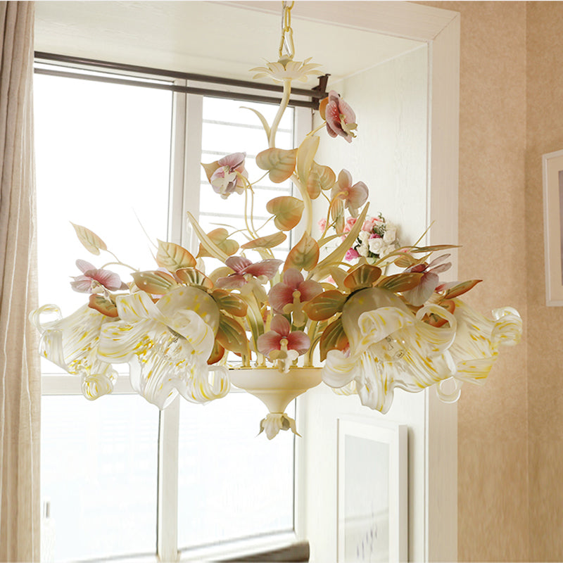 Starburst White Glass Chandelier Countryside 3/6-Bulb Bedroom Pendant with Flower and Leaf Decor Clearhalo 'Ceiling Lights' 'Chandeliers' 'Glass shade' 'Glass' Lighting' 2181731