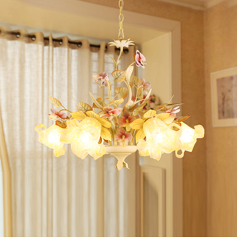 Starburst White Glass Chandelier Countryside 3/6-Bulb Bedroom Pendant with Flower and Leaf Decor 6 White Clearhalo 'Ceiling Lights' 'Chandeliers' 'Glass shade' 'Glass' Lighting' 2181732