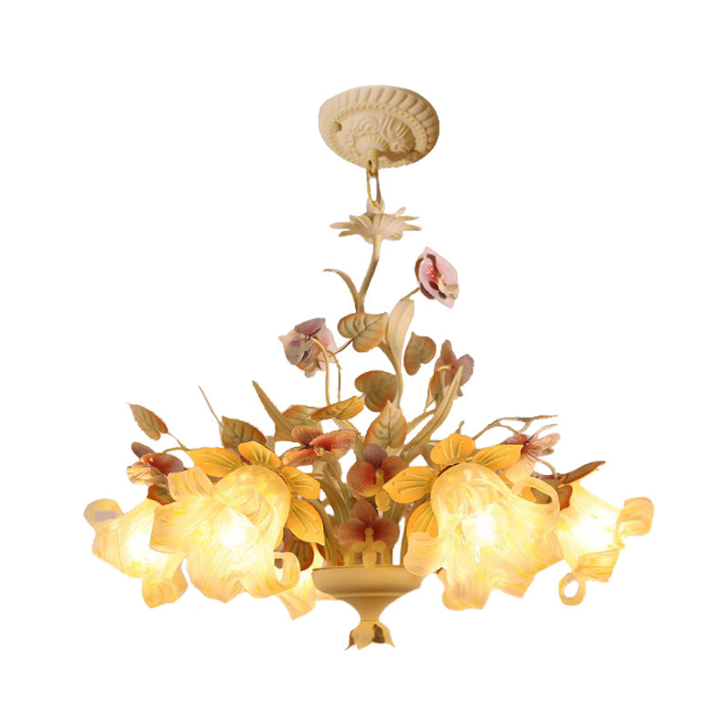 Starburst White Glass Chandelier Countryside 3/6-Bulb Bedroom Pendant with Flower and Leaf Decor Clearhalo 'Ceiling Lights' 'Chandeliers' 'Glass shade' 'Glass' Lighting' 2181733