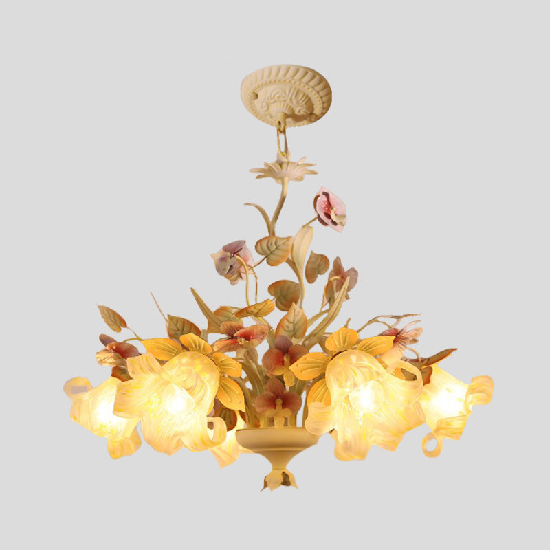 Starburst White Glass Chandelier Countryside 3/6-Bulb Bedroom Pendant with Flower and Leaf Decor Clearhalo 'Ceiling Lights' 'Chandeliers' 'Glass shade' 'Glass' Lighting' 2181734