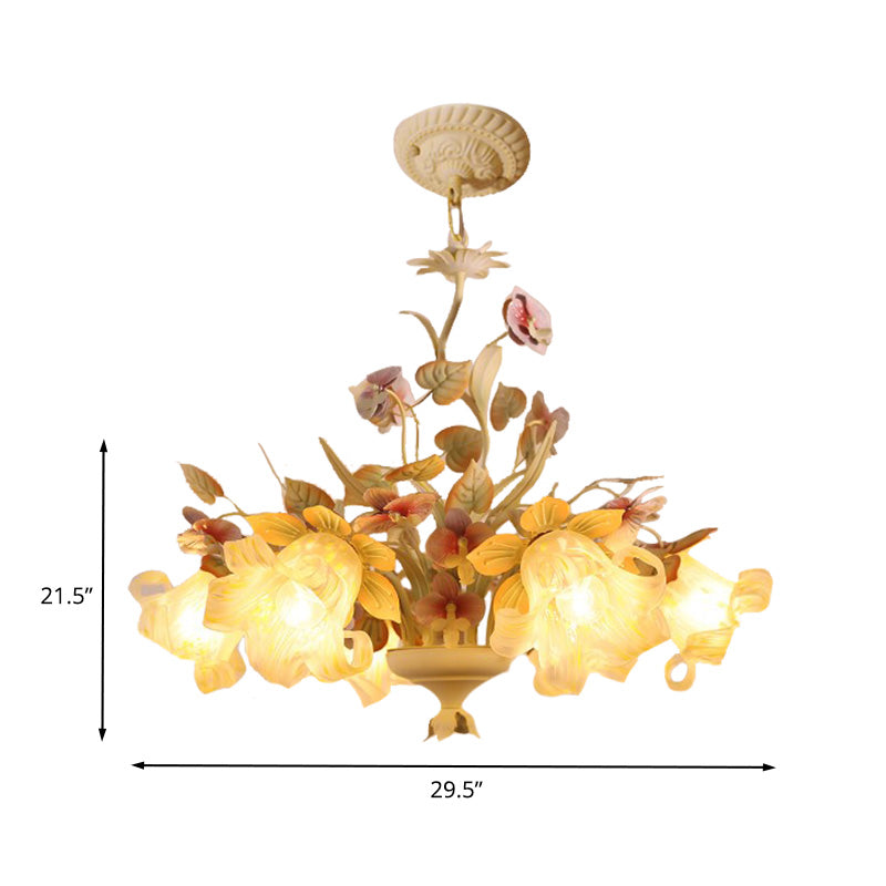 Starburst White Glass Chandelier Countryside 3/6-Bulb Bedroom Pendant with Flower and Leaf Decor Clearhalo 'Ceiling Lights' 'Chandeliers' 'Glass shade' 'Glass' Lighting' 2181735