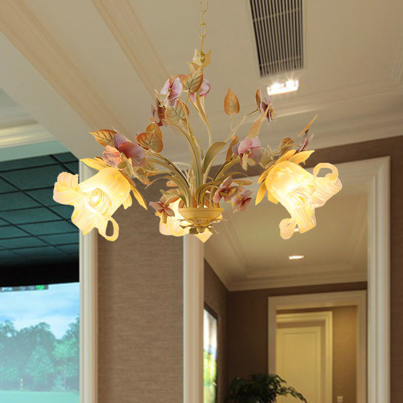 Starburst White Glass Chandelier Countryside 3/6-Bulb Bedroom Pendant with Flower and Leaf Decor 3 White Clearhalo 'Ceiling Lights' 'Chandeliers' 'Glass shade' 'Glass' Lighting' 2181736
