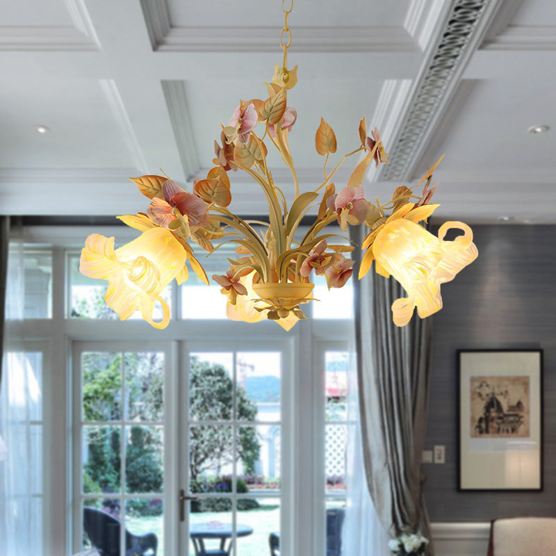 Starburst White Glass Chandelier Countryside 3/6-Bulb Bedroom Pendant with Flower and Leaf Decor Clearhalo 'Ceiling Lights' 'Chandeliers' 'Glass shade' 'Glass' Lighting' 2181737