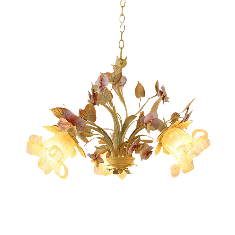 Starburst White Glass Chandelier Countryside 3/6-Bulb Bedroom Pendant with Flower and Leaf Decor Clearhalo 'Ceiling Lights' 'Chandeliers' 'Glass shade' 'Glass' Lighting' 2181738
