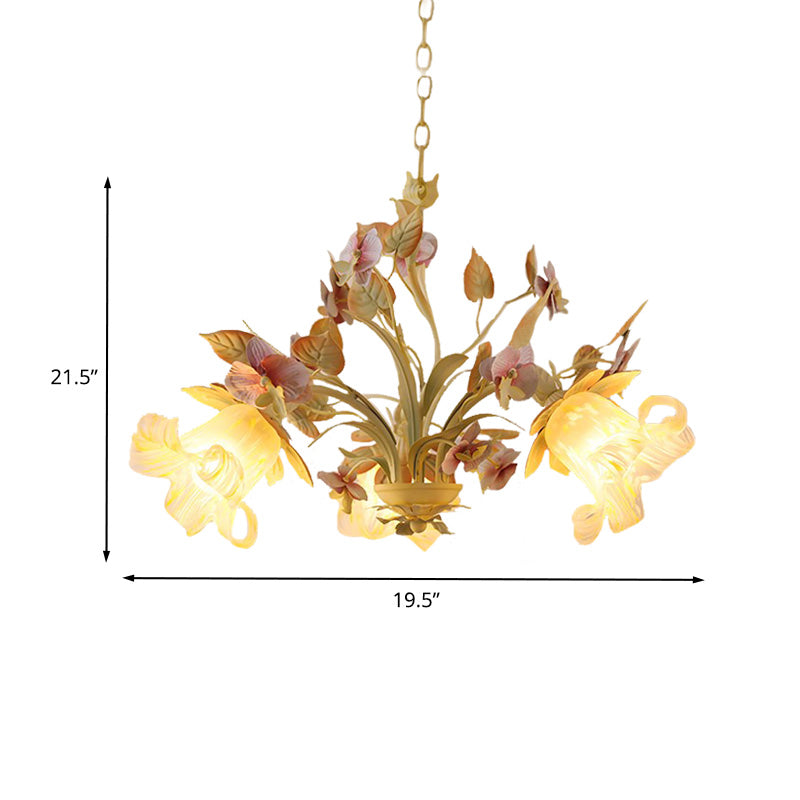 Starburst White Glass Chandelier Countryside 3/6-Bulb Bedroom Pendant with Flower and Leaf Decor Clearhalo 'Ceiling Lights' 'Chandeliers' 'Glass shade' 'Glass' Lighting' 2181739