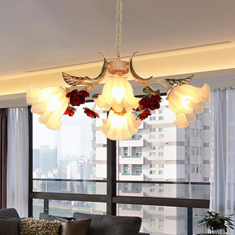 Sputnik Frosted Glass Chandelier Light Korean Flower 4/6/9-Head Living Room Drop Lamp in Beige Clearhalo 'Ceiling Lights' 'Chandeliers' Lighting' options 2181753