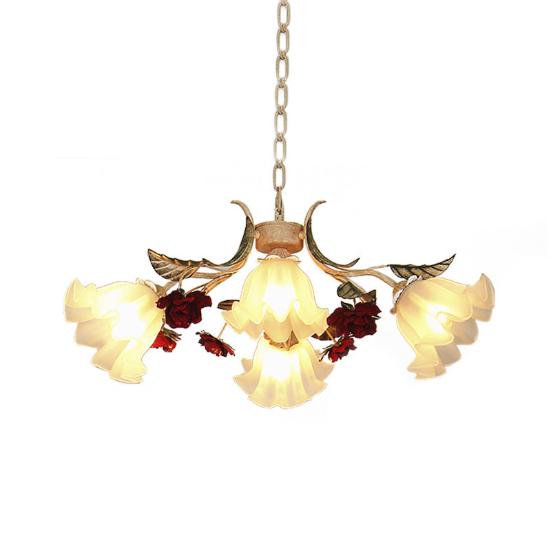 Sputnik Frosted Glass Chandelier Light Korean Flower 4/6/9-Head Living Room Drop Lamp in Beige Clearhalo 'Ceiling Lights' 'Chandeliers' Lighting' options 2181755