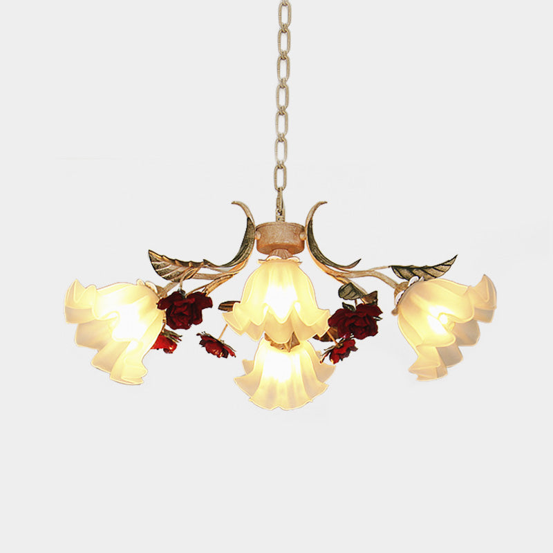 Sputnik Frosted Glass Chandelier Light Korean Flower 4/6/9-Head Living Room Drop Lamp in Beige Clearhalo 'Ceiling Lights' 'Chandeliers' Lighting' options 2181756