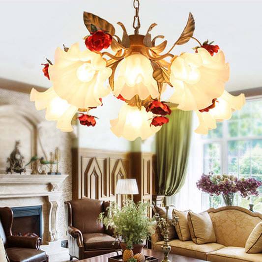 Sputnik Frosted Glass Chandelier Light Korean Flower 4/6/9-Head Living Room Drop Lamp in Beige Clearhalo 'Ceiling Lights' 'Chandeliers' Lighting' options 2181758