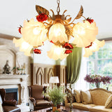 Sputnik Frosted Glass Chandelier Light Korean Flower 4/6/9-Head Living Room Drop Lamp in Beige Clearhalo 'Ceiling Lights' 'Chandeliers' Lighting' options 2181758