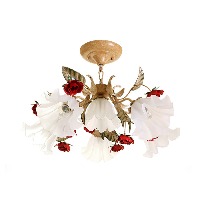 Sputnik Frosted Glass Chandelier Light Korean Flower 4/6/9-Head Living Room Drop Lamp in Beige Clearhalo 'Ceiling Lights' 'Chandeliers' Lighting' options 2181760