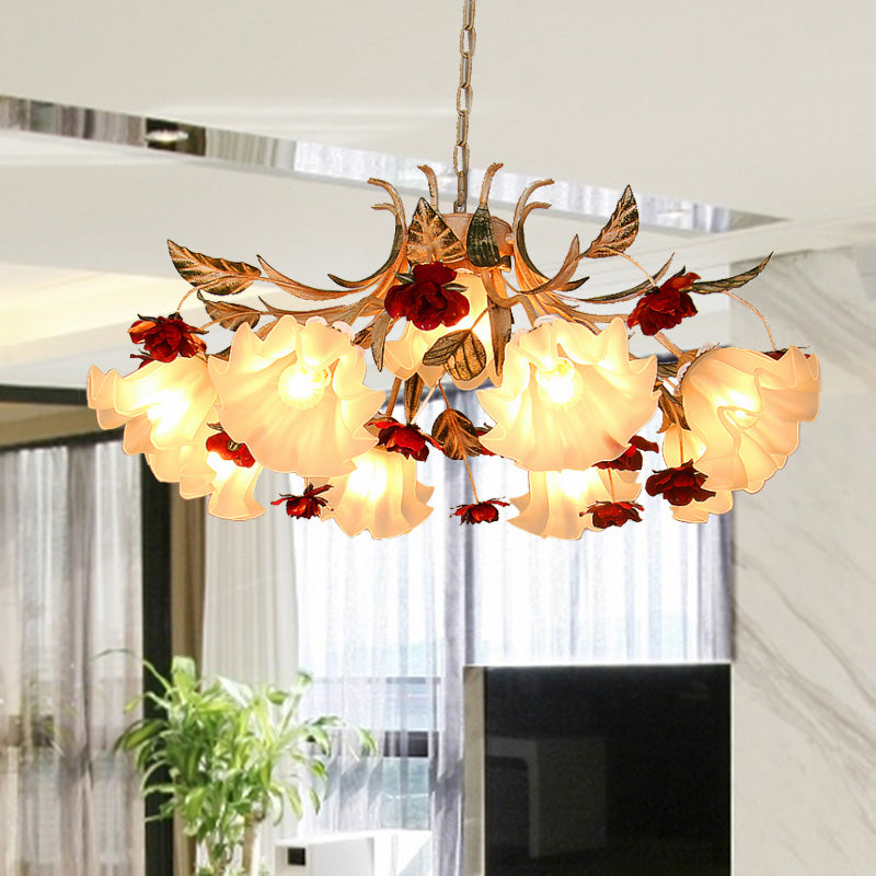 Sputnik Frosted Glass Chandelier Light Korean Flower 4/6/9-Head Living Room Drop Lamp in Beige Clearhalo 'Ceiling Lights' 'Chandeliers' Lighting' options 2181762