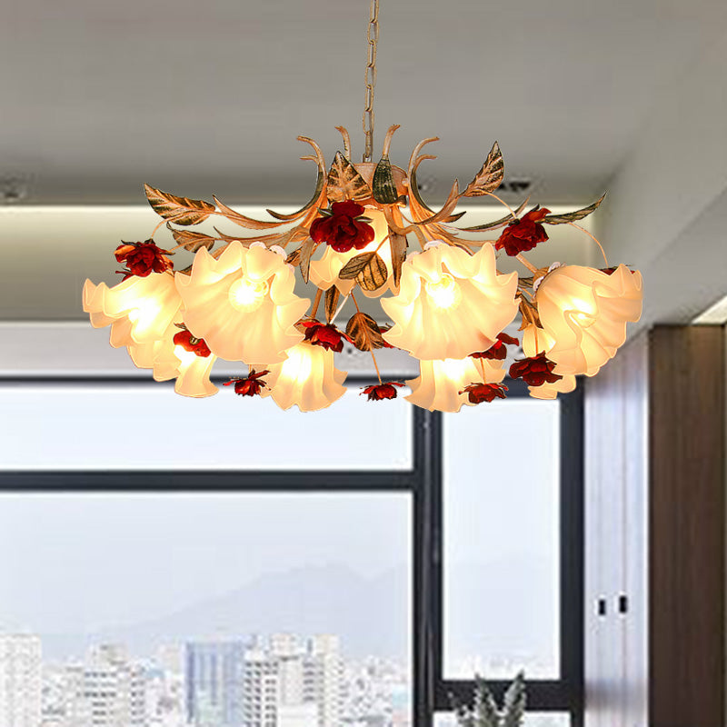 Sputnik Frosted Glass Chandelier Light Korean Flower 4/6/9-Head Living Room Drop Lamp in Beige Clearhalo 'Ceiling Lights' 'Chandeliers' Lighting' options 2181763