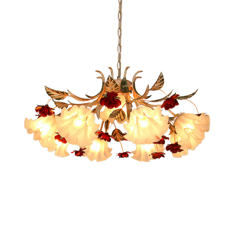 Sputnik Frosted Glass Chandelier Light Korean Flower 4/6/9-Head Living Room Drop Lamp in Beige Clearhalo 'Ceiling Lights' 'Chandeliers' Lighting' options 2181764