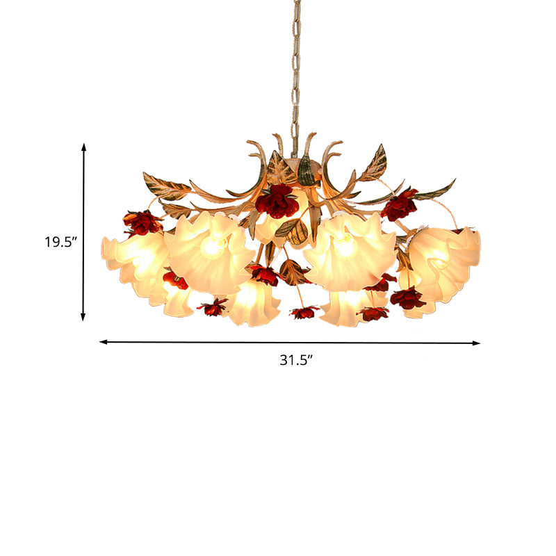 Sputnik Frosted Glass Chandelier Light Korean Flower 4/6/9-Head Living Room Drop Lamp in Beige Clearhalo 'Ceiling Lights' 'Chandeliers' Lighting' options 2181765