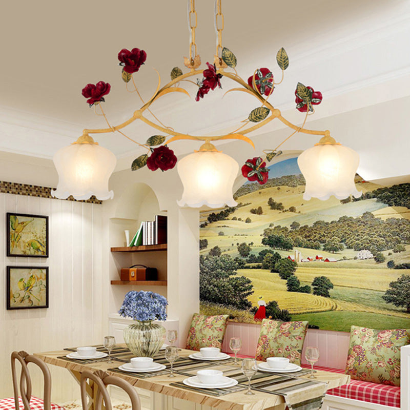 Ginger Floral Drop Pendant Korean Garden Frosted Glass 2/3 Bulbs Dining Room Chandelier Lighting Clearhalo 'Ceiling Lights' 'Chandeliers' Lighting' options 2181766