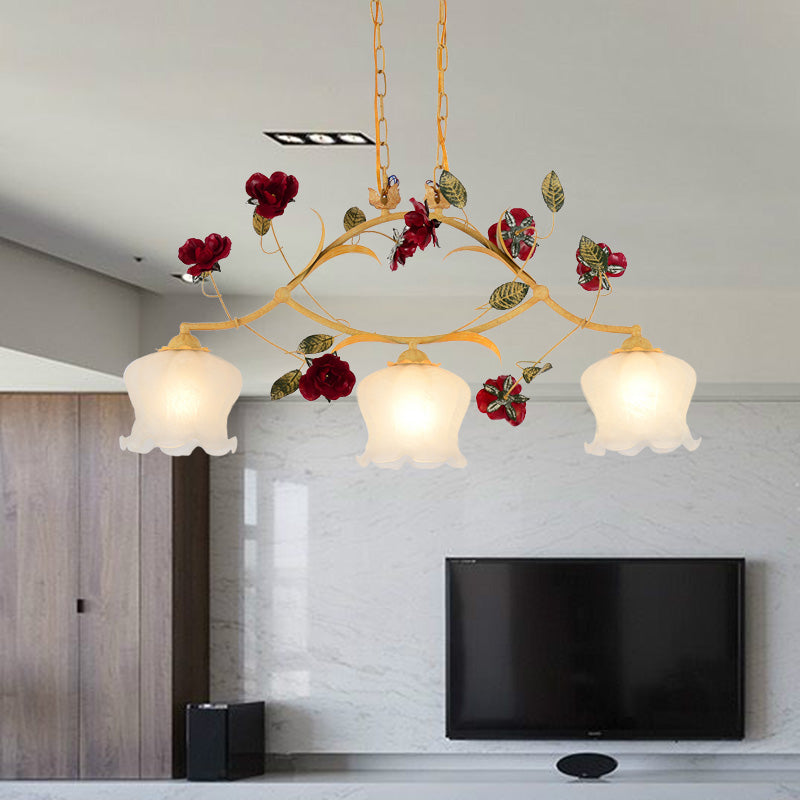 Ginger Floral Drop Pendant Korean Garden Frosted Glass 2/3 Bulbs Dining Room Chandelier Lighting Clearhalo 'Ceiling Lights' 'Chandeliers' Lighting' options 2181767