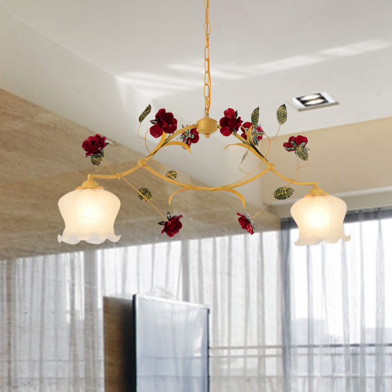 Ginger Floral Drop Pendant Korean Garden Frosted Glass 2/3 Bulbs Dining Room Chandelier Lighting Clearhalo 'Ceiling Lights' 'Chandeliers' Lighting' options 2181771