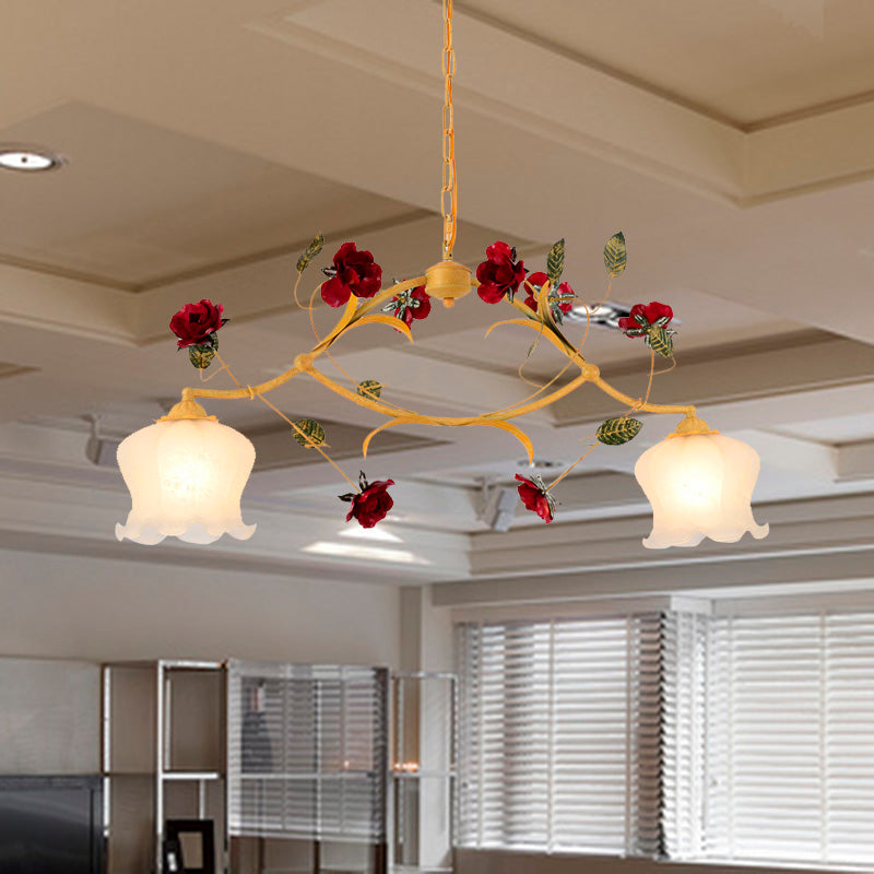 Ginger Floral Drop Pendant Korean Garden Frosted Glass 2/3 Bulbs Dining Room Chandelier Lighting Clearhalo 'Ceiling Lights' 'Chandeliers' Lighting' options 2181772