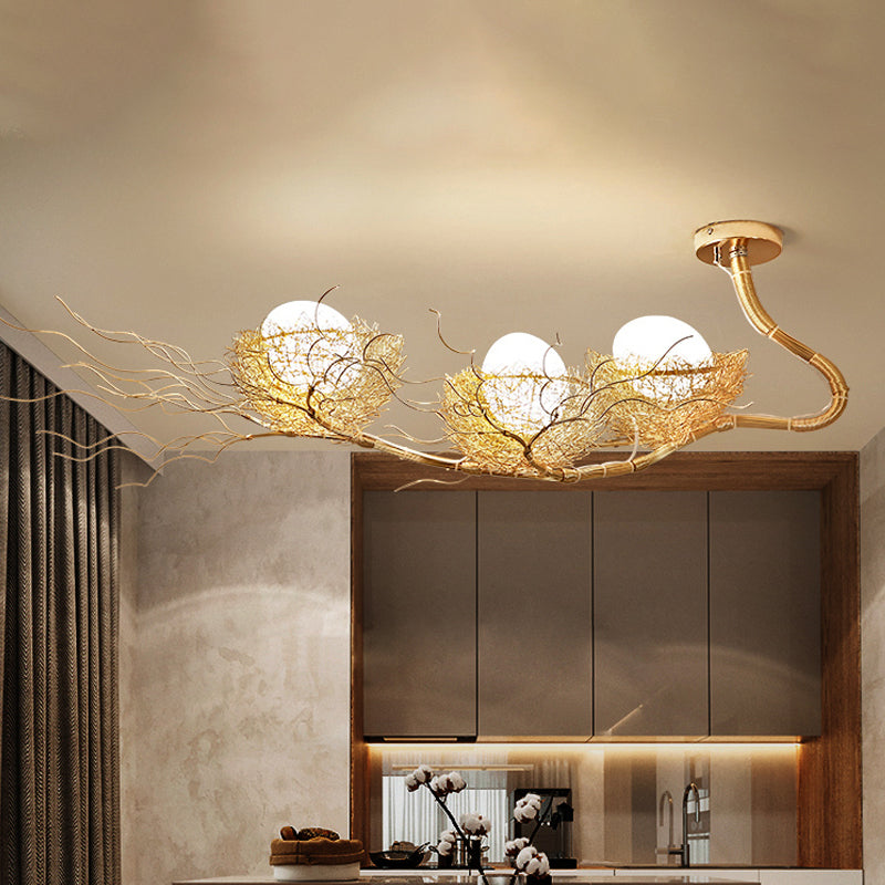 White Sphere Ceiling Chandelier Rustic 3 Lights Closed Glass Hanging Pendant Light with Gold Nest Clearhalo 'Ceiling Lights' 'Chandeliers' Lighting' options 218190